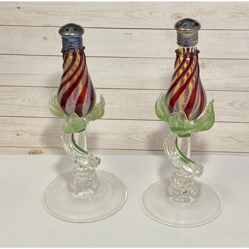 Gazelle Hand Blown Art Glass Salt and Pepper Shakers Floral Leaf Signed 1995
